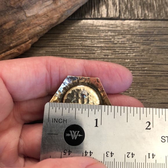 Vintage Hammered Brass Hexagon Earrings with Purple Center - Picture 12 of 14